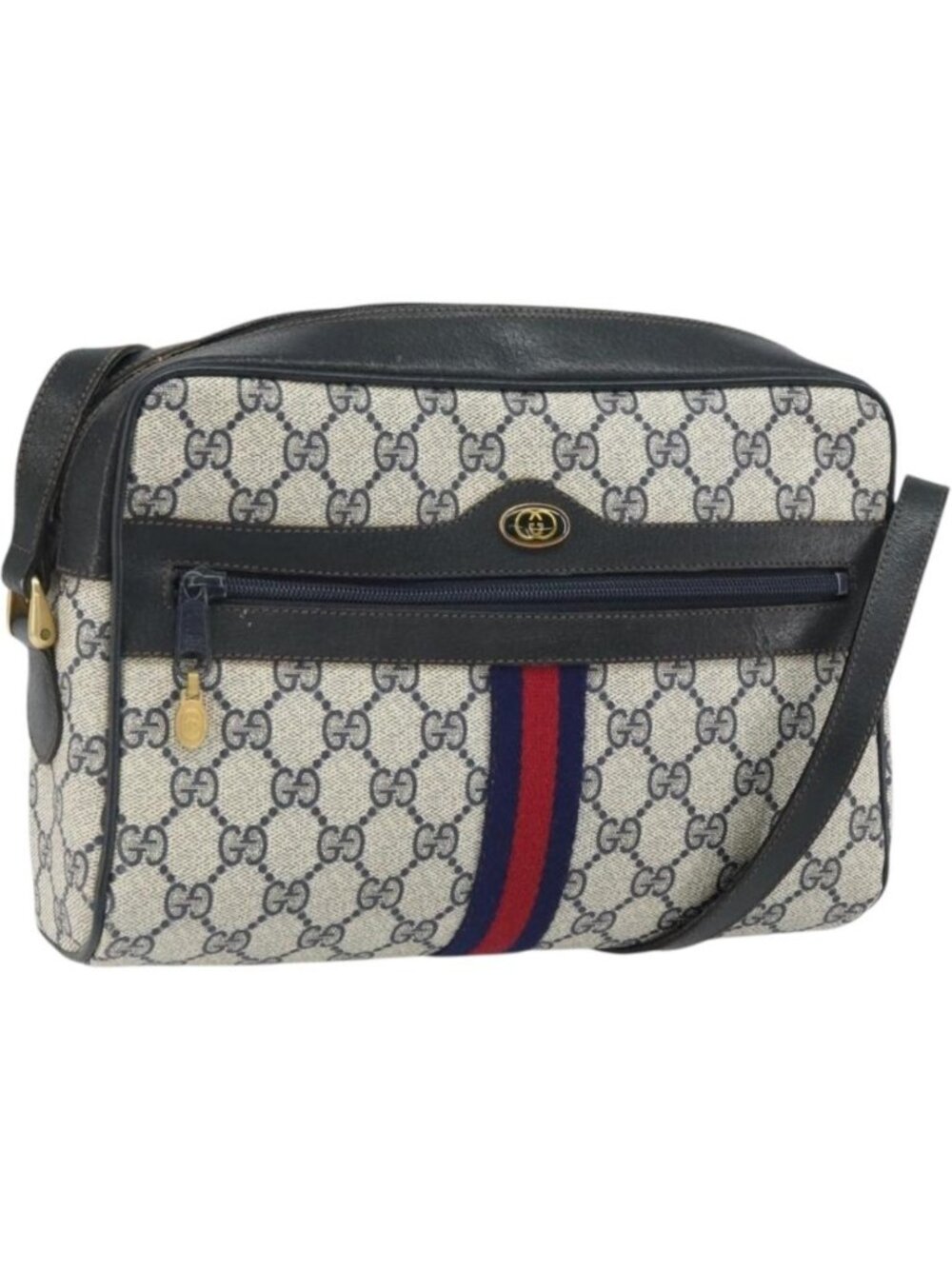 GUCCI GG Supreme Sherry Line Bag PVC Navy Gold Red 001 4071 5